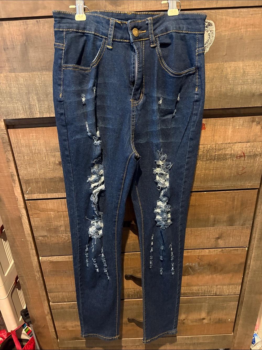 High-Rise Dark Blue Distressed Skinny Jeans for Women